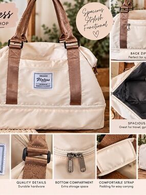 FLOLESS- Cream Travel Duffel Bag with Brown Straps